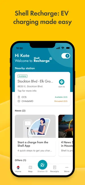 Shell Recharge EV mode home screen showing a nearby Stockton Blvd station with CCS available and CHAdeMO occupied