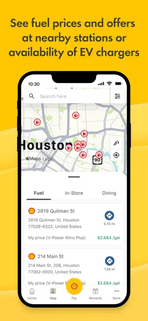 Station map of Houston above a fuel list showing a V-Power Nitro Plus price of $2.664 per gallon at 2819 Quitman St