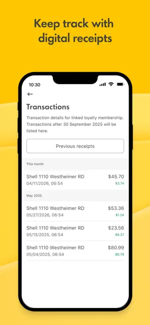 Transactions screen listing receipts from Shell 1110 Westheimer RD with amounts paid and savings per fill