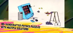 Lace on a swing flinging a shoe at a blue vending machine, captioned 65+ handcrafted physics puzzles