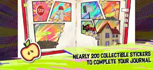 The sticker journal open on comic-panel pages, captioned nearly 200 collectible stickers