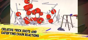 A tower of tomatoes toppling under a thrown shoe, captioned creative trick shots and chain reactions