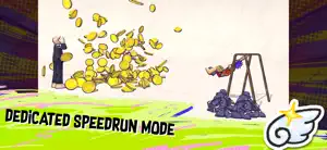 A burst of gold coins from a pinata beside the swing, captioned dedicated speedrun mode