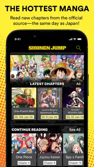 Shonen Jump home screen with a Latest Chapters row for One-Punch Man, JoJo's Bizarre Adventure and Ghost Reaper Girl above Continue Reading