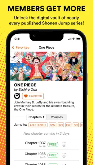 One Piece series page with a Favorited button, Jump to shortcuts and free chapters 1037 and 1036 marked with download icons