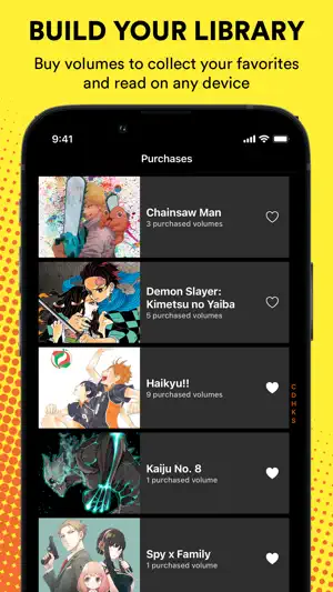 Purchases library listing bought volumes of Chainsaw Man, Demon Slayer, Haikyu!!, Kaiju No. 8 and Spy x Family
