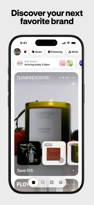Brand discovery feed with product prices and a saving flagged