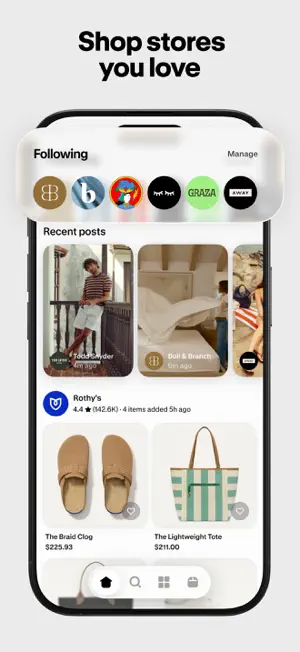 Following list of shops with recent posts and product tiles