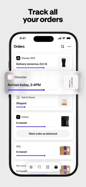 Orders list with delivery windows and progress bars per parcel