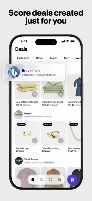 Deals tab with cash-back offers and percentage discounts by brand