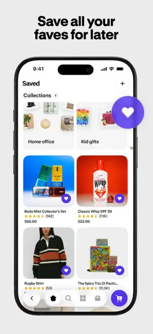 Saved collections of products grouped as home office and gifts