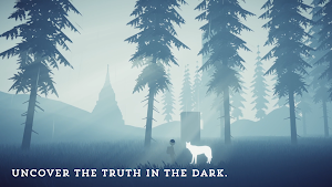 A child and a white dog in a misty pine forest with a tower in the distance, captioned uncover the truth in the dark