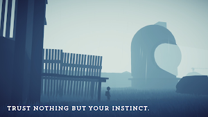 The child beside a fenced compound with a satellite dish in fog, captioned trust nothing but your instinct