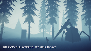 A four-legged mechanical hunter looming over the child among pines, captioned survive a world of shadows