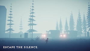 The child running toward a lit building past a truck with headlights, captioned escape the silence