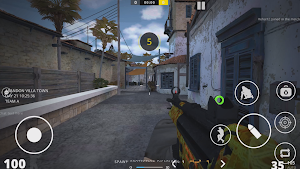 First-person view down a whitewashed alley with a blue gate, a rifle raised and 100 health on the HUD