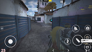 A yellow-skinned rifle aimed along a sunlit village street with the score at 25
