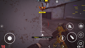 Kill notification over a blue gate as a gold-skinned gun reloads, score 10