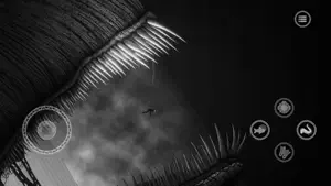 The diver between the jaws of a huge fanged fish, virtual stick and possession buttons on screen