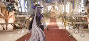 The detective walking down a red carpet inside a white-and-gold cathedral hall
