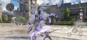 A rider on a purple spectral horse charging with a lance across a city square