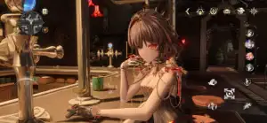 A red-eyed character in a bar, elbow on the counter, with a cocktail shaker