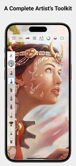 Painting of a woman in a beaded headdress with the vertical brush palette and top toolbar, captioned A Complete Artist's Toolkit
