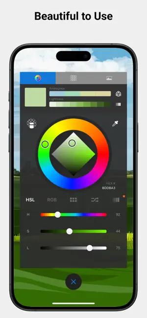 Color Editor with HSL sliders, a color wheel, analogous harmony swatches and HEX code BDDBA3 over a landscape