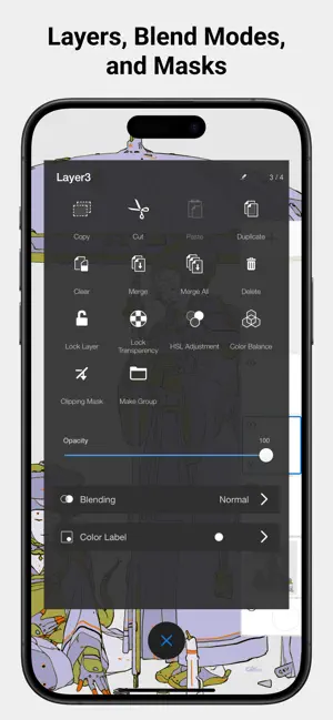 Layer menu for Layer3 with Copy, Cut, Merge, Clipping Mask and Make Group buttons and opacity at 100, captioned Layers, Blend Modes, and Masks