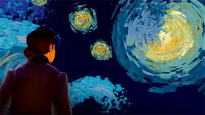 A figure in a dark coat gazing up at a swirling Starry Night sky