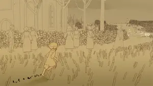 A sky child running through a sepia pencil-sketch crowd from Van Gogh's early drawings
