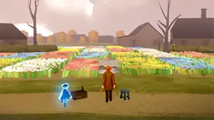 A sky child and a bearded painter beside a flower field under a pale sky