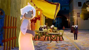 A hooded sky child at the café terrace at night with tables under a yellow awning