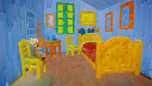 Van Gogh's Arles bedroom in painted 3D with the yellow bed and blue walls