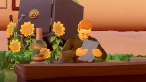A man at a desk with sunflowers reading a letter as the sun sets