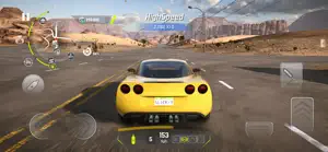 Yellow sports coupé on a desert highway with a speedometer reading 153 and a compass on the HUD