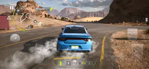 Blue muscle car drifting through a canyon bend with tyre smoke, 118 on the speedometer