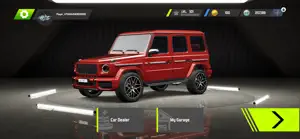 Red G-Class-style SUV in the Car Dealer garage with My Garage and player stats above
