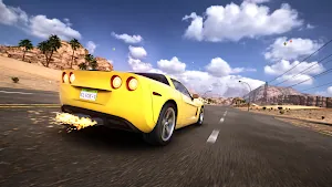 Yellow coupé with flames from the exhaust on a straight desert road under a blue sky