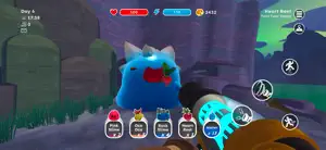 A large blue Tabby-style slime with fangs looking into the vacpack in a purple cave