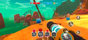 Pink slimes bouncing on a sunset cliff with the day counter and money at the top
