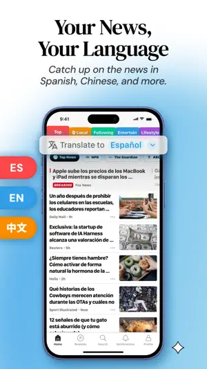 SmartNews feed translated into Spanish, with a Translate to Español bar under the Top, Local, Following, Entertain and Lifestyle tabs and a Fox News breaking story on MacBook prices