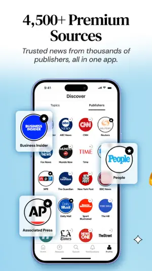 Discover screen on the Publishers tab showing Business Insider, ABC News, CNN, Reuters, NPR, The Guardian, BBC News, People and Associated Press logos