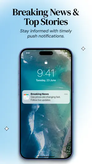 Lock screen with a SmartNews Breaking News push alert saying gas prices are changing fast, with a prompt to follow live updates