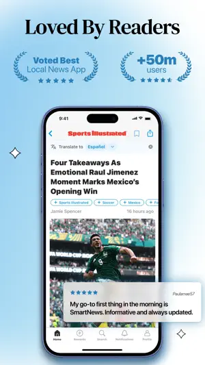 Sports Illustrated article on Raul Jimenez and Mexico's opening win, with a Translate to Español bar, follow chips for Soccer and Mexico, and a reader quote card