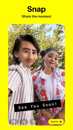 Snap with a cartoon face lens applied and a caption before sending