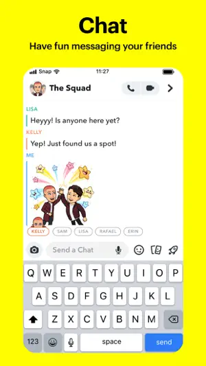 Group chat with Bitmoji stickers and friends listed along the bottom