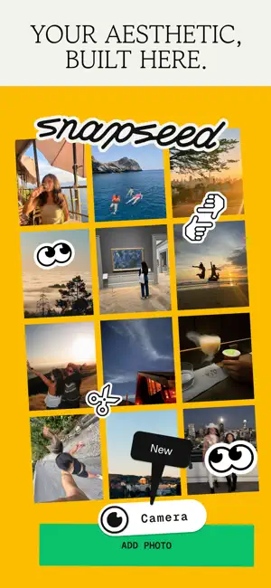 Grid of travel and portrait photos under the Snapseed logo, with a New Camera label above the Add Photo button