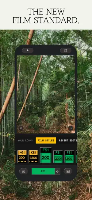 Snapseed camera viewfinder in a bamboo forest with the Film Styles tab and KG1, KE1 and FS1 film-stock presets