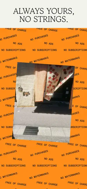 Orange banner repeating free of charge, no purchases, no ads, no subscriptions and no watermarks around a street photo